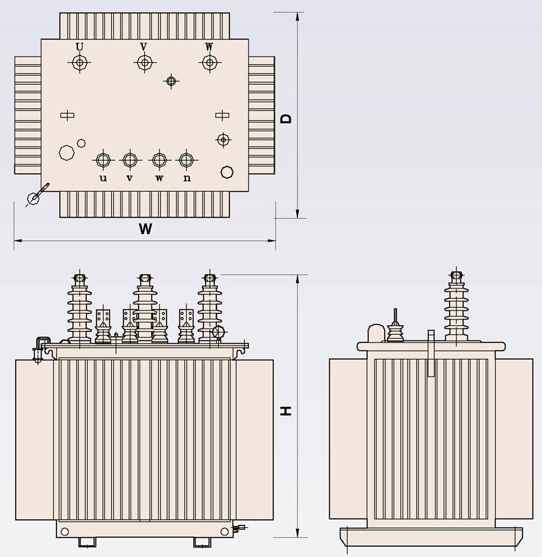 Габариты трансформатора с ребристым баком
