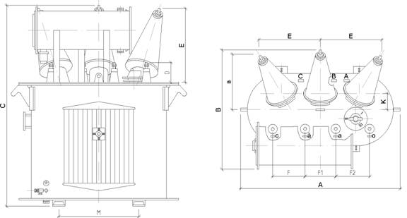 габариты трансформаторов ТМ-25, ТМ-100, ТМ-160, ТМ-250 и ТМ-400