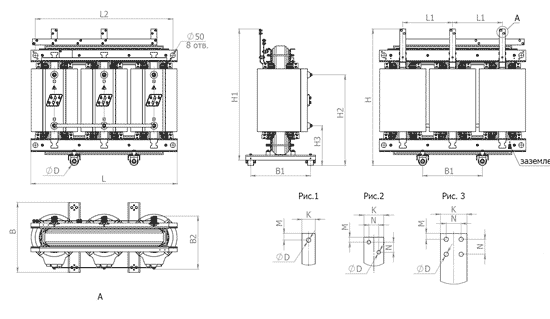 Габаритные размеры трансформаторов ТЛС мощностью 100-2500 кВА