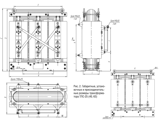 Габаритные размеры трансформаторов ТЛС  мощностью 25, 40 и 63 кВА