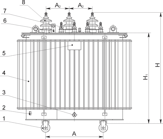 Трансформатор  ТМГ мощностью 100...400 кВ-А вид сбоку