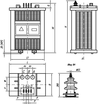 размеры и масса трансформаторов ТСЗГЛ с выводами НН-ВН на крышку