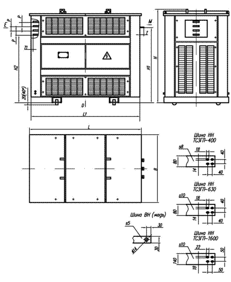 размеры и масса трансформаторов ТСЗГЛ (правое исполнение)