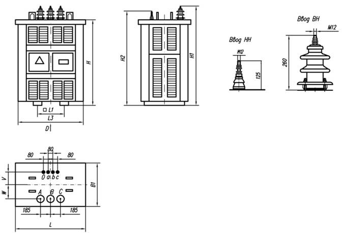 размеры и масса трансформаторов ТСЗН 10-100 с выводами на крышку
